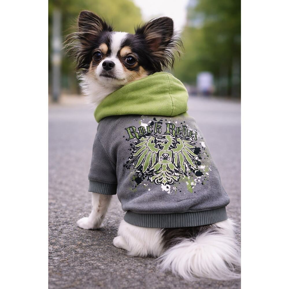 Rock Rebel Green Gray Dog Hoodie with Hood Punk Graphic Cozy Streetwear Style M